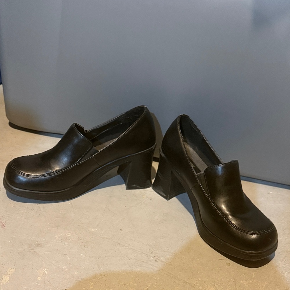 Vintage 90s Y2K Route 66 Black Platform Square Toe Chunky Loafer Size 7.5 Bratz